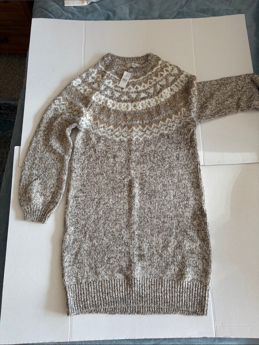 LOFT Neutral Nordic Patterned Knit Sweater - Cream & Taupe